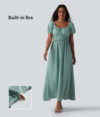 Robe longue fluide et décontractée en lin, à col carré, manches bouffantes, soutien-gorge intégré froncé et poches