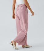 Pantalon Fluide Large Taille Haute Poches Latérales Palazzo Solide Casual Linen-Feel