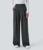 Pantalon taille haute décontracté large à carreaux, avec poches