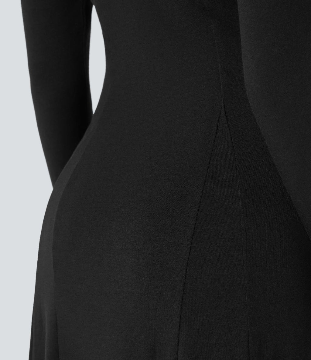 Robe de Casual Maxi Manches Longues Évasées et Boutons au Col Rond