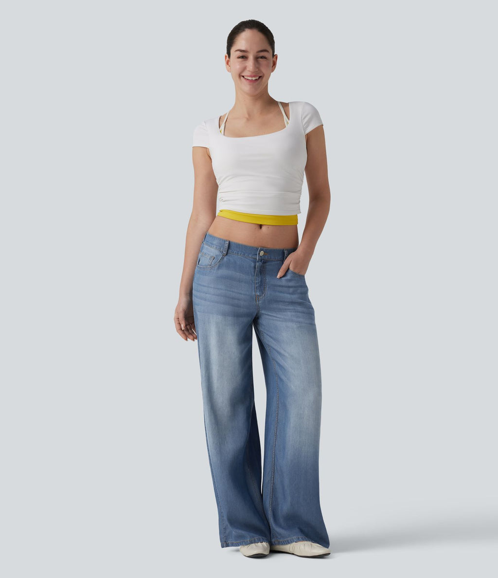 Jean large décontracté taille basse en lyocell drapé avec poches