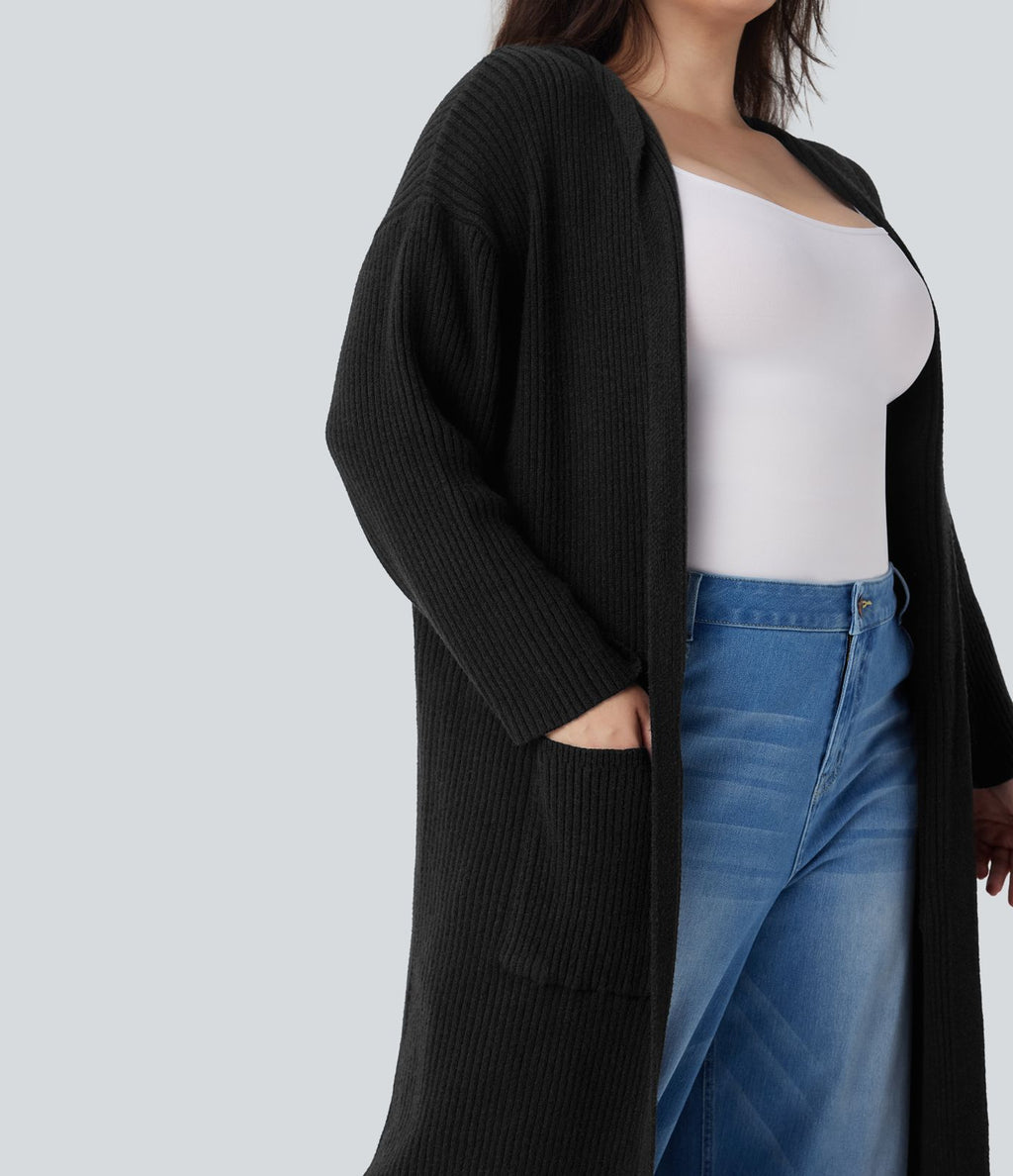 Cardigan long casual à capuche avec poches latérales et fentes grande taille manches longues