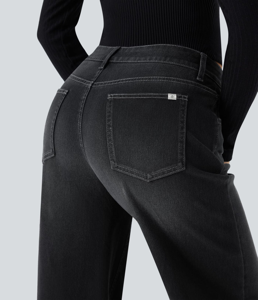Halara Flex™ Jean Large Casual Taille Basse avec Boutons Zip Multiples Poches Lavés Élastiques et Tricotés