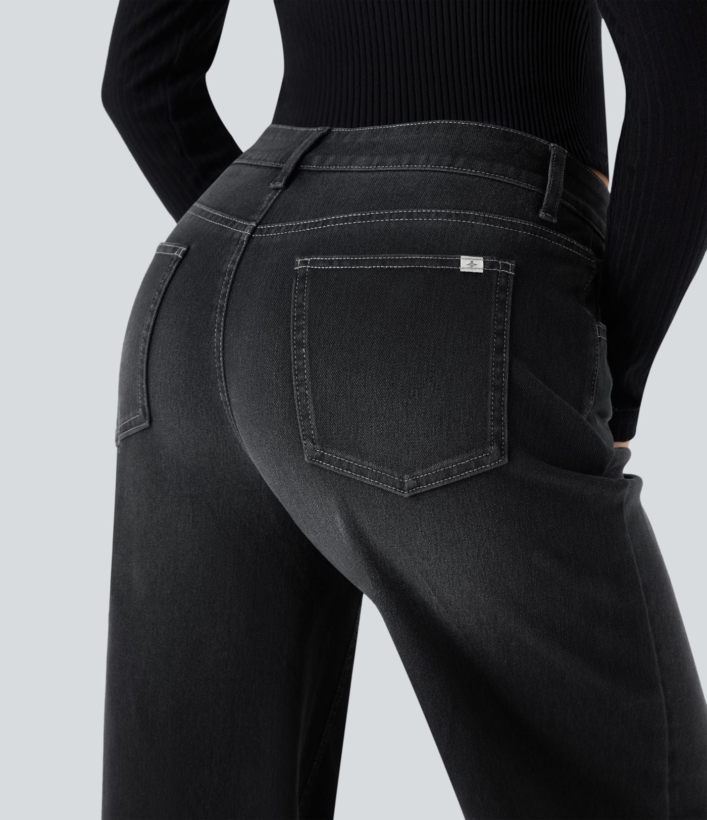 Halara Flex™ Jean Large Casual Taille Basse avec Boutons Zip Multiples Poches Lavés Élastiques et Tricotés