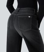 Halara Flex™ Jean Large Casual Taille Basse avec Boutons Zip Multiples Poches Lavés Élastiques et Tricotés