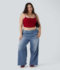 Jean décontracté grande taille Halara Flex™ taille basse large en maille extensible délavée avec multiples poches