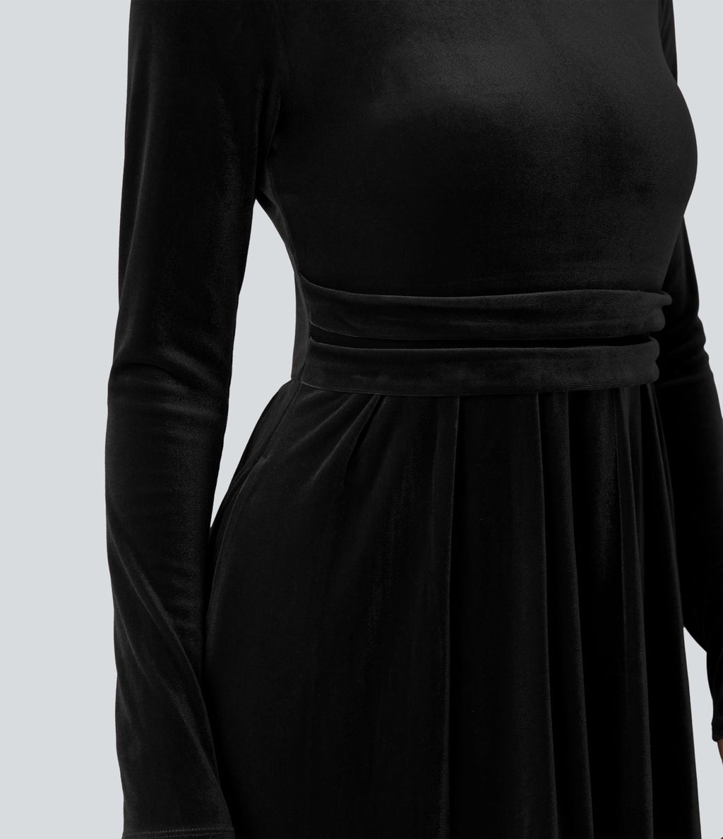 Robe longue en velours col montant manches longues avec poches