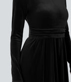 Robe longue en velours col montant manches longues avec poches
