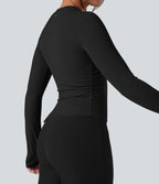 Top de sport yoga col rond ourlet asymétrique fendu manches longues avec trous pouces