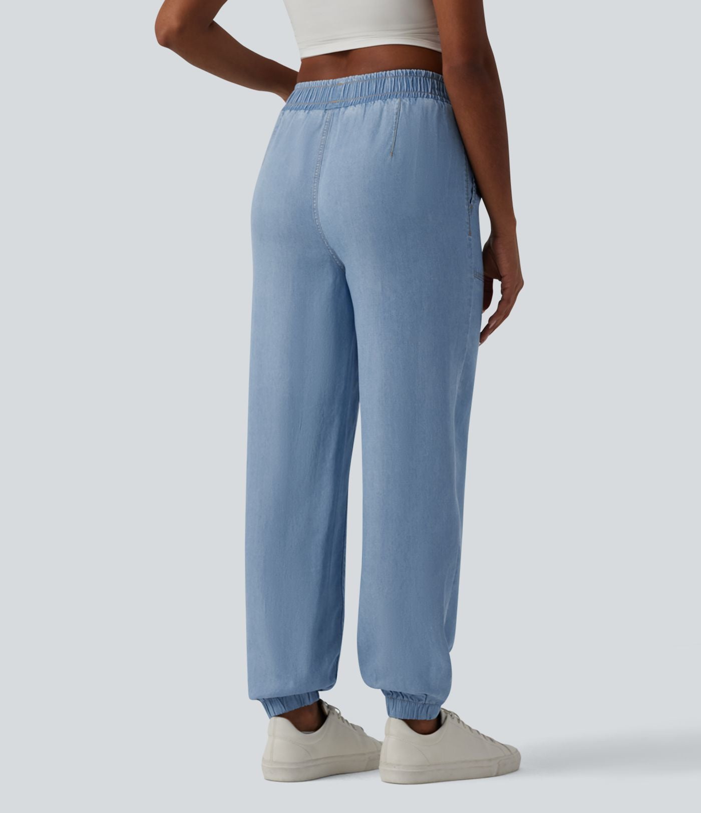 Jogging casual denim en lyocell drapé taille mi-haute avec poches