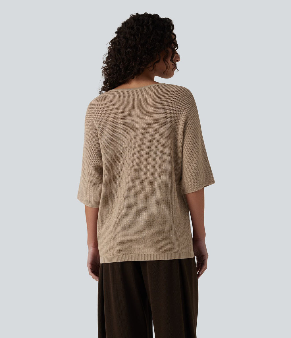Pull décontracté col V à manches mi-longues