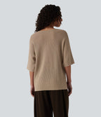 Pull décontracté col V à manches mi-longues