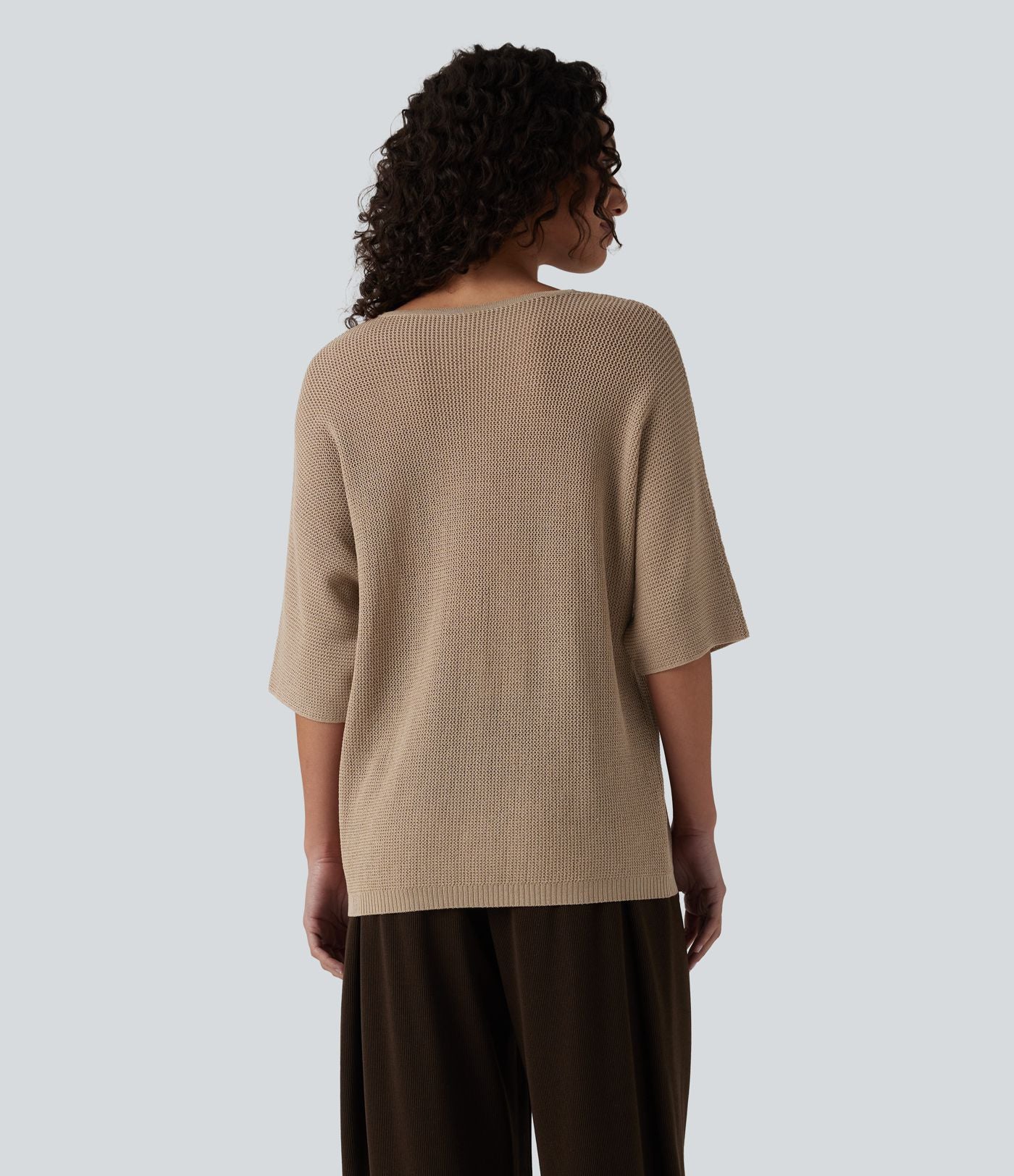 Pull décontracté col V à manches mi-longues