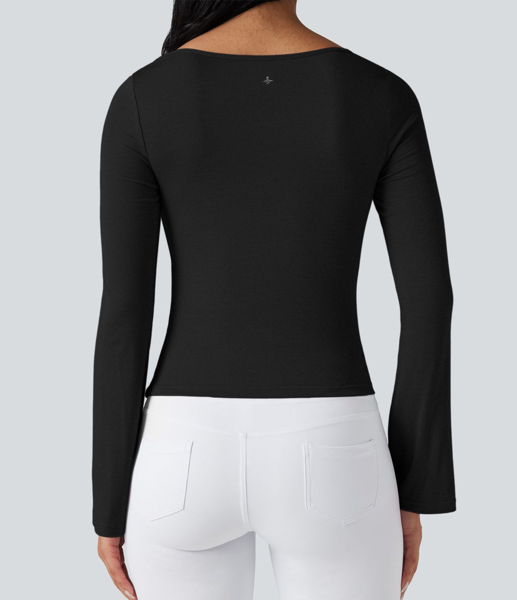 Top de sport danse côtelé col bénitier manches longues