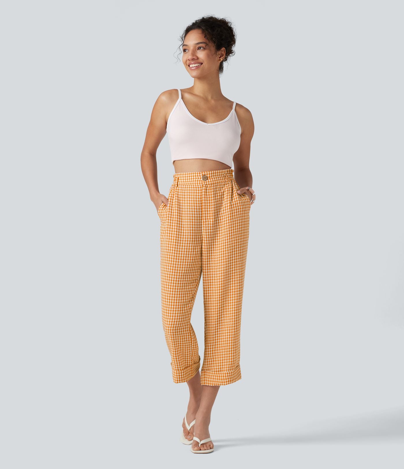 Pantalon 7/8 décontracté aspect lin à carreaux taille haute avec poches