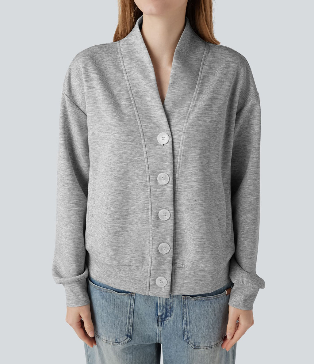 Sweat-shirt col V à manches longues avec boutonnage et poches