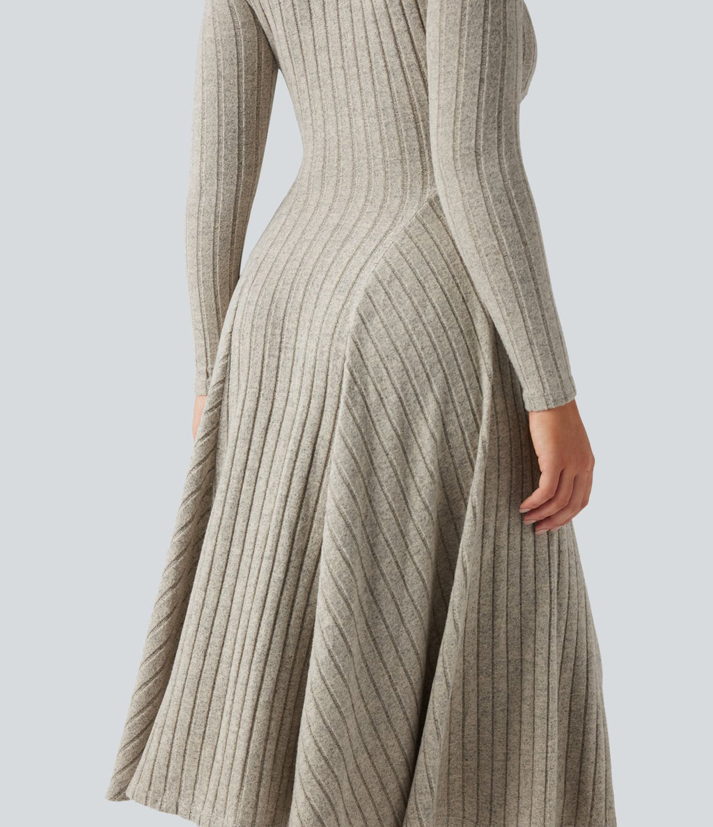 Robe mi-longue évasée maille côtelée à décolleté en V et manches longues