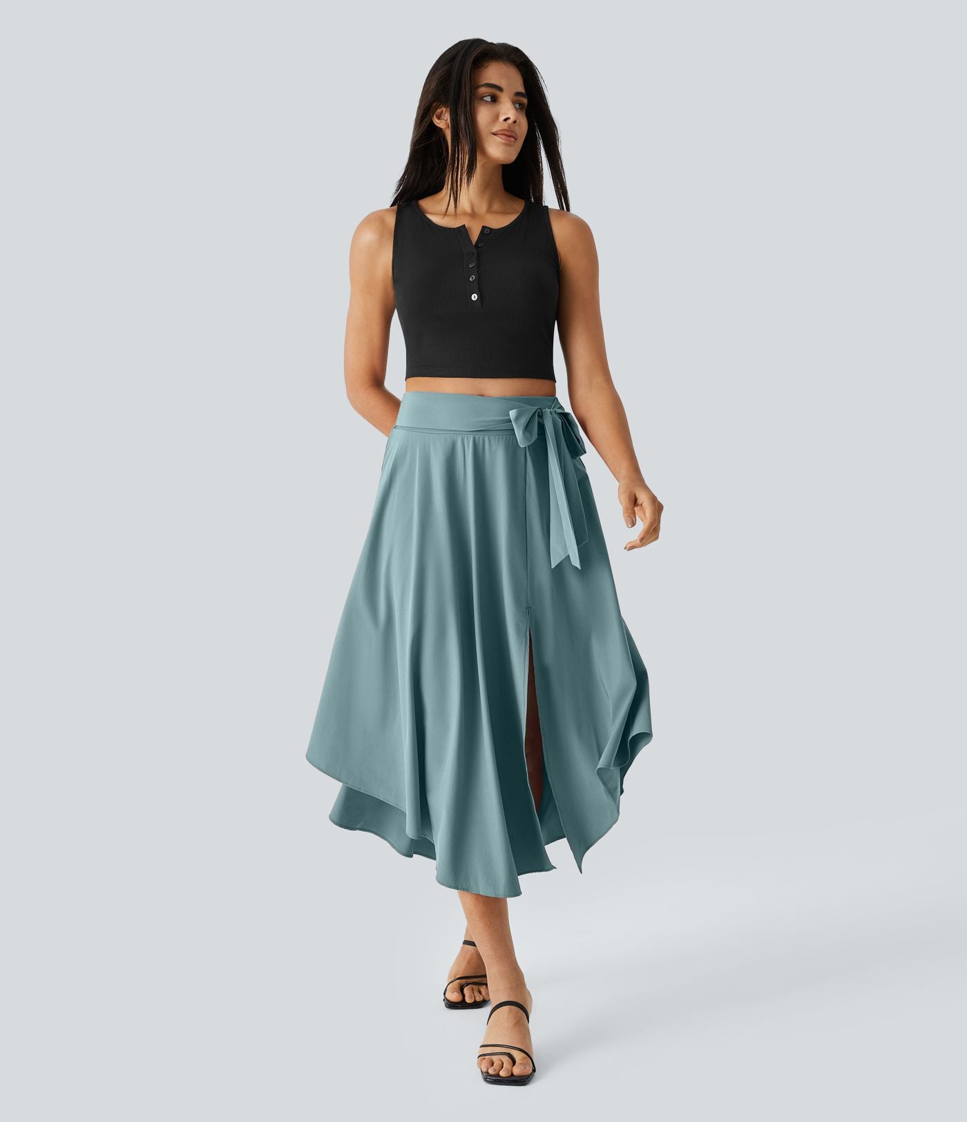 Breezeful™ Jupe Taille Haute Casual Midi Séchage Rapide Fluide Fentes Latérales Nouées 2 en 1