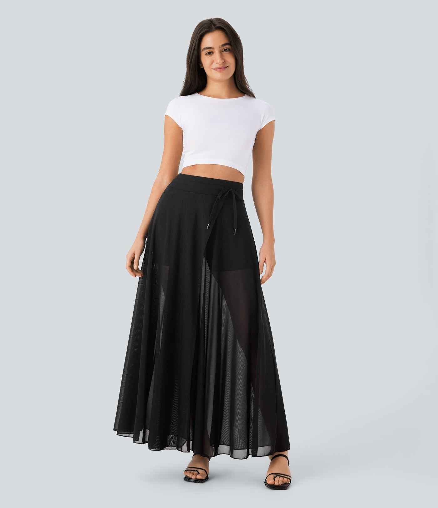 Jupe longue fluide 2-en-1 taille haute avec empiècements en résille