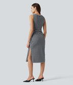 Robe midi moulante Halara UltraSculpt™ motif tartan, encolure bateau et sans manches