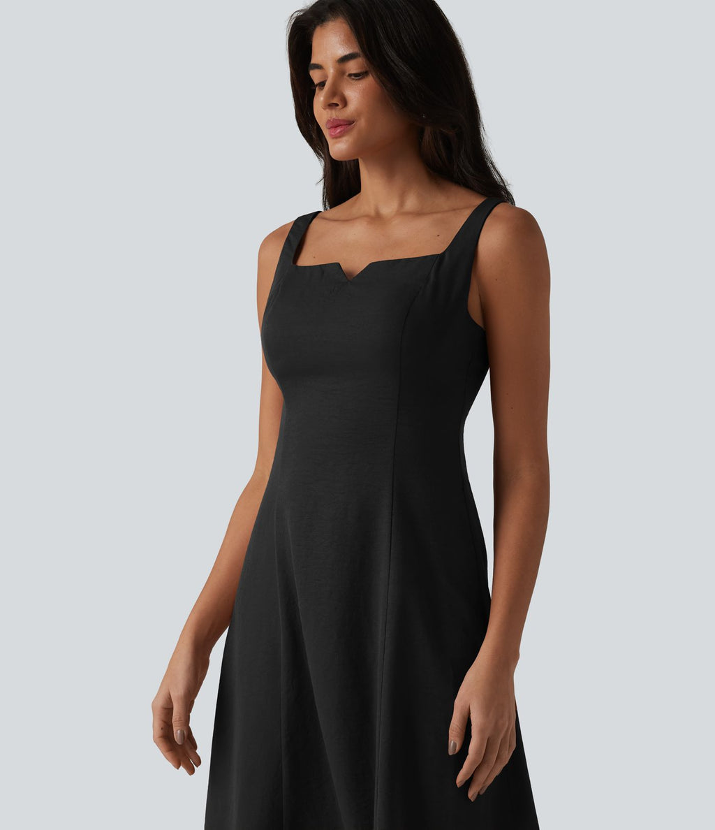 Robe mi-longue fluide froncée à col carré et encolure échancrée pour demoiselle d'honneur et invitée de mariage