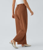 Pantalon Fluide Large Taille Haute Poches Latérales Palazzo Solide Casual Linen-Feel