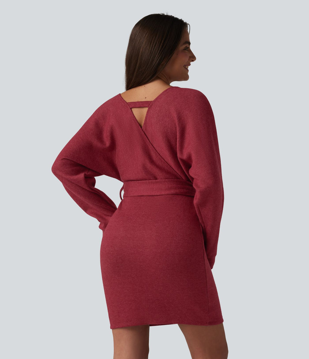 Robe courte décontractée col V croisé manches chauve-souris ceinturée