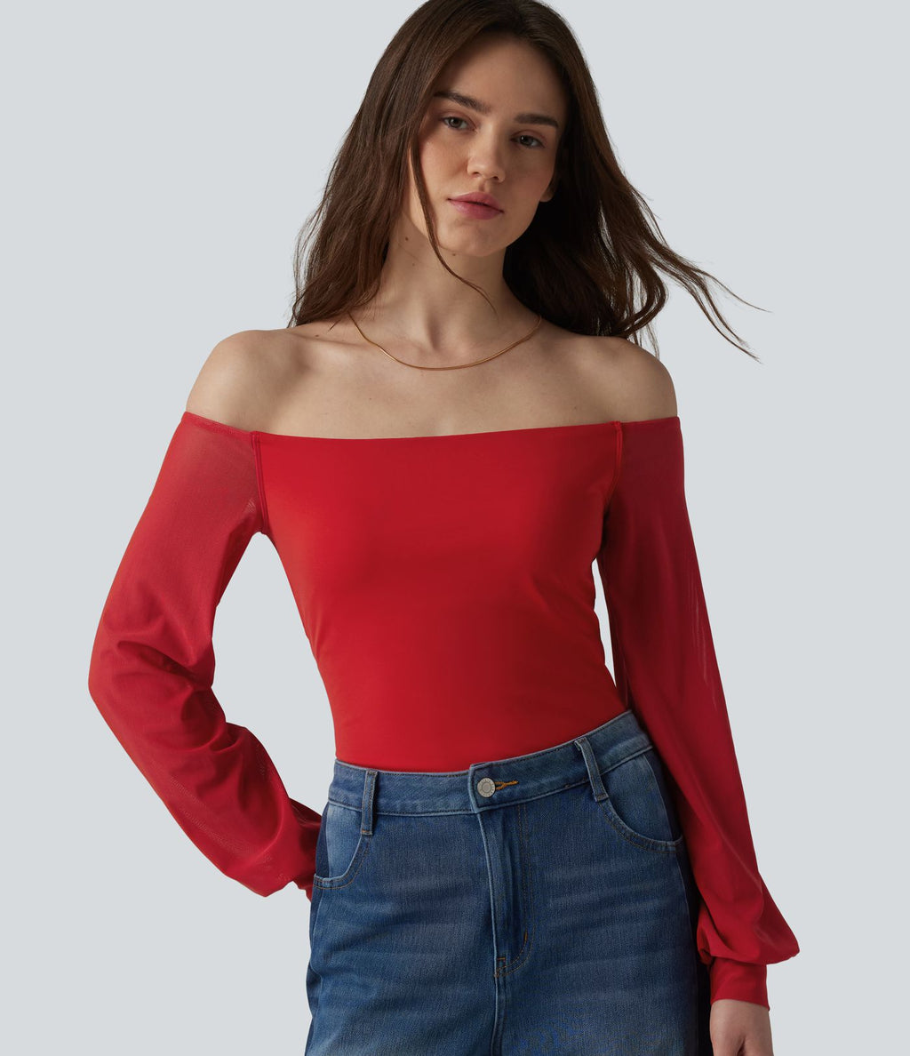T-shirt SoftlyZero™ Airy décontracté épaules dénudées manches longues en tulle respirant effet frais InstantCool avec brassière intégrée, protection solaire UPF50+