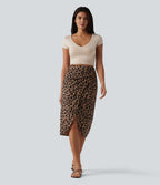 Jupe midi casual tulipe taille haute froncée en tissu gaufré imprimé léopard