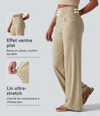 Pantalon large casual en lin stretch taille haute ventre plat avec poches