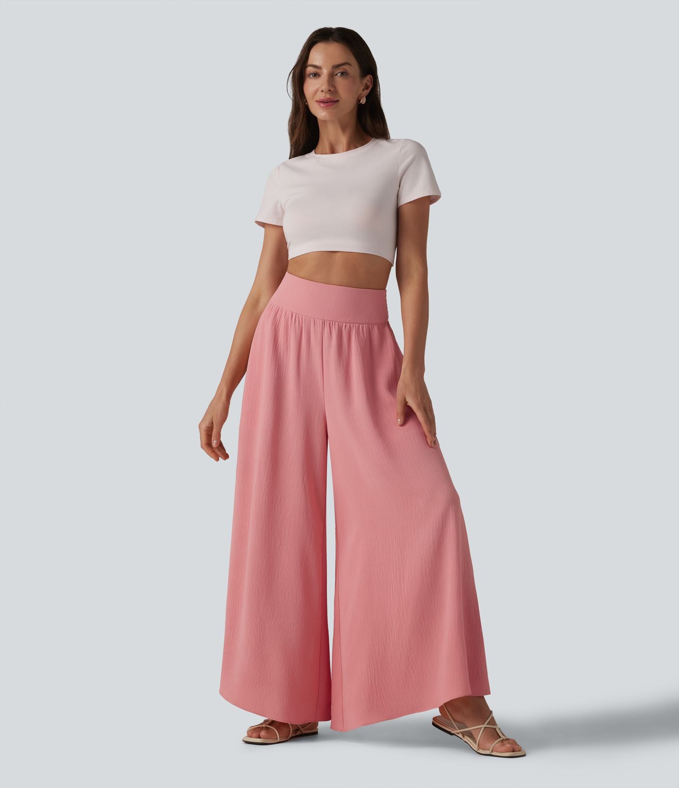 Pantalon fluide décontracté taille haute froncé aspect lin avec poches