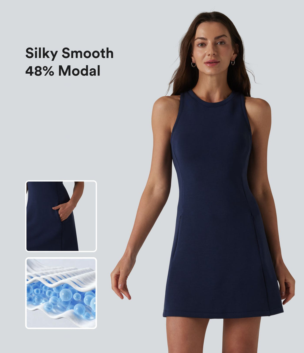 Robe courte décontractée sans manches à col rond SpacerTek™ avec poches
