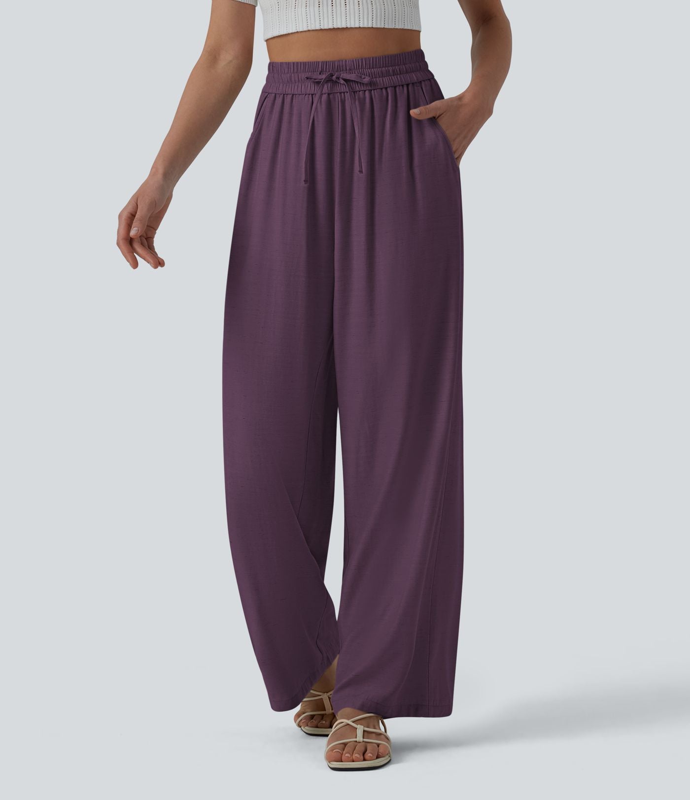 Pantalon casual large mélange lin taille haute avec cordon de serrage et poches