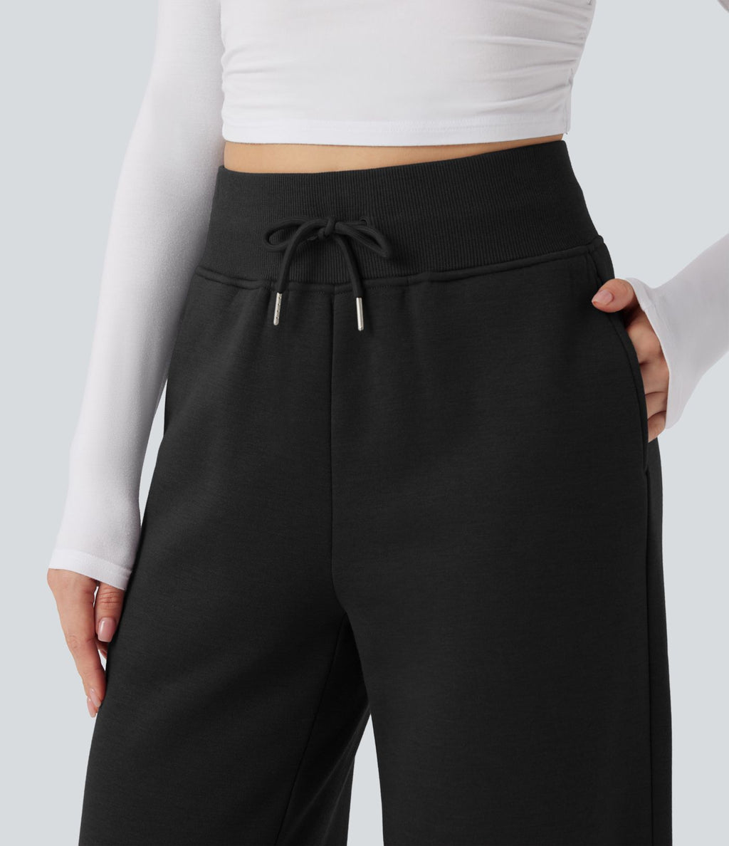Pantalon jogging décontracté polaire taille haute jambe large avec cordon de serrage ourlet fendu et poches