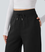 Pantalon jogging décontracté polaire taille haute jambe large avec cordon de serrage ourlet fendu et poches