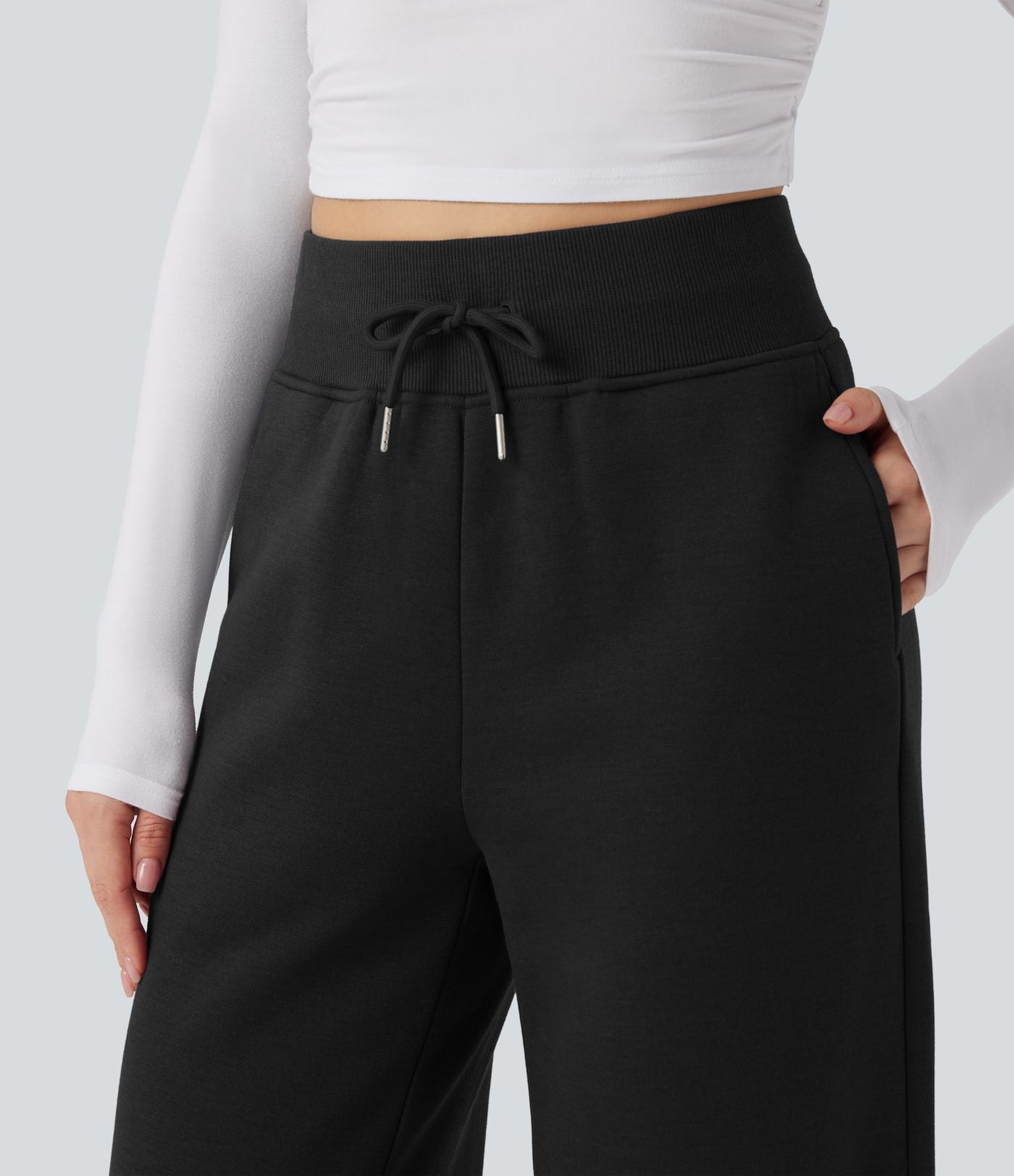 Pantalon jogging décontracté polaire taille haute jambe large avec cordon de serrage ourlet fendu et poches