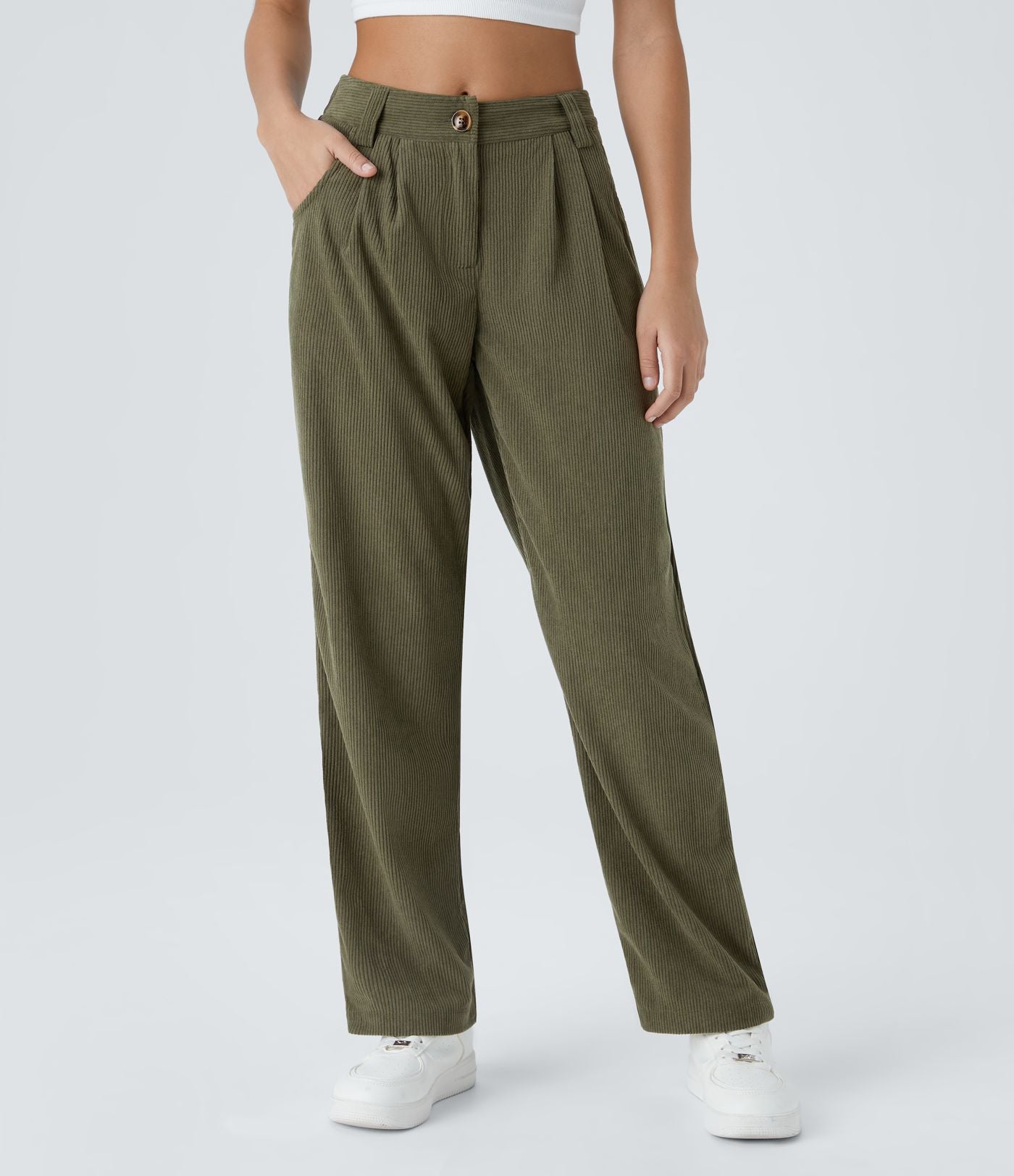 Pantalon en velours côtelé décontracté taille moyenne avec poches latérales