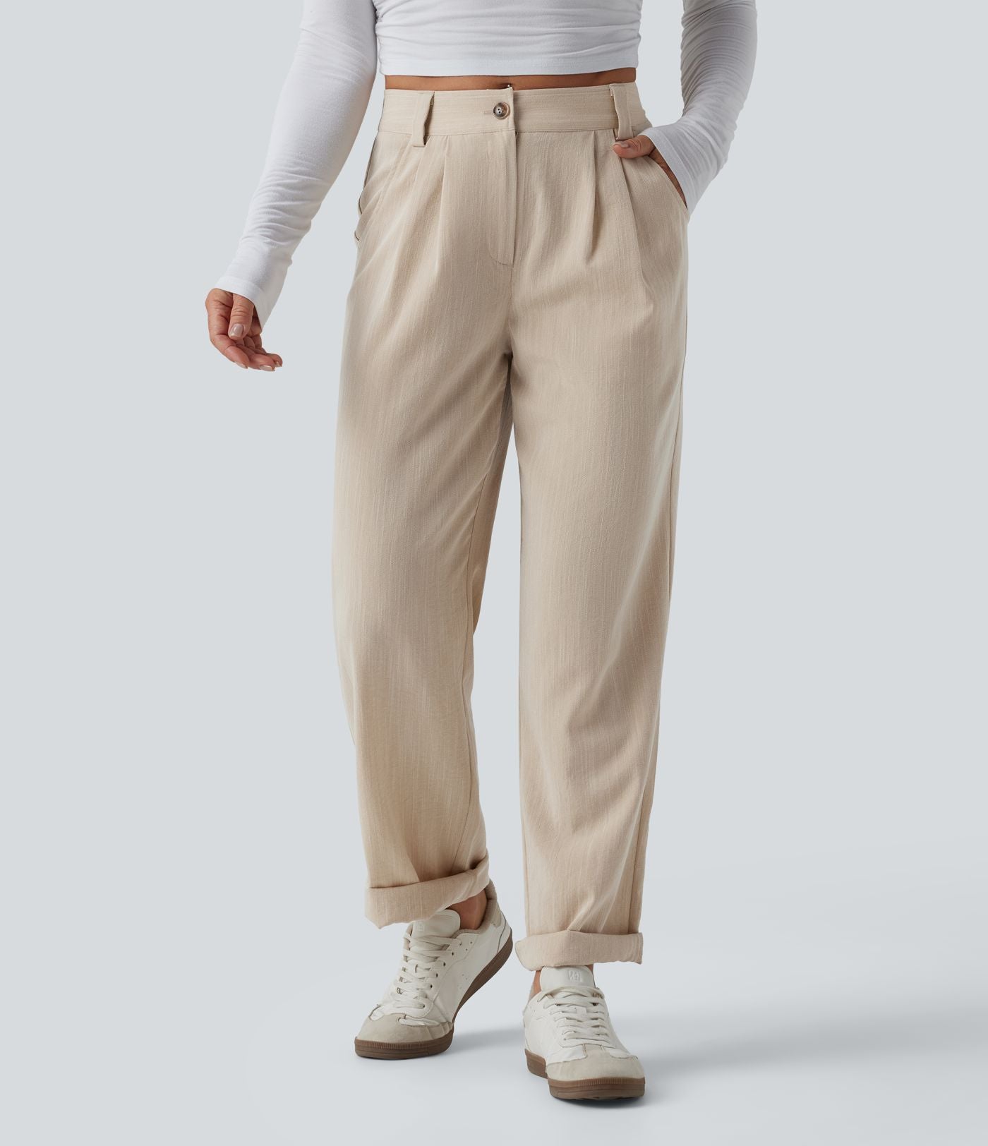 Pantalon décontracté mi-taille effet lin avec poches