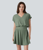 Robe mini décontractée 2-en-1 en maille côtelée mélange de lin, col V, manches courtes, coupe fluide