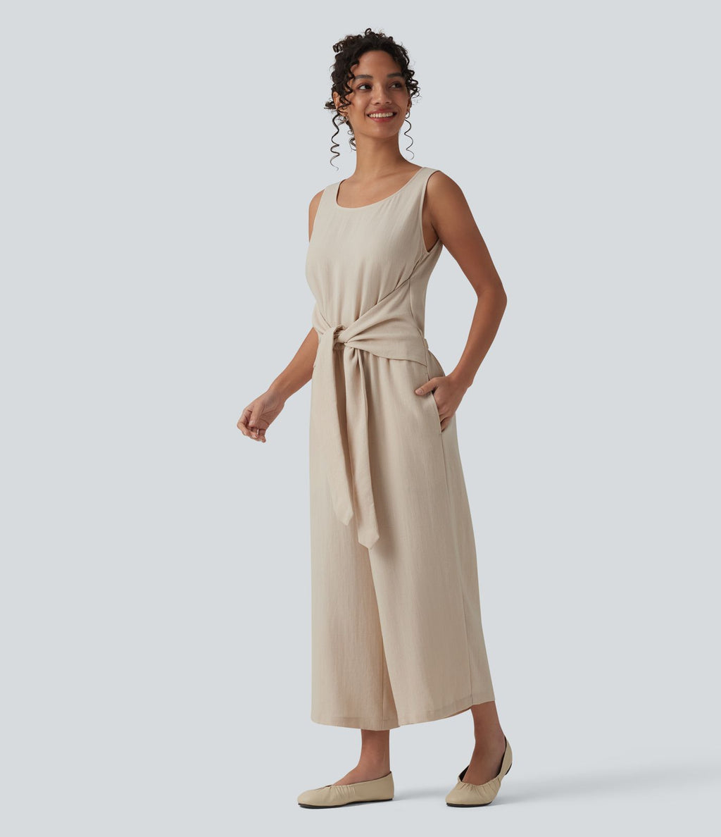 Combinaison casual aspect lin col rond échancré sans manches avec nœud frontal et poches – Easy Peasy