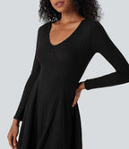 Robe décontractée mini évasée maille côtelée col V manches longues