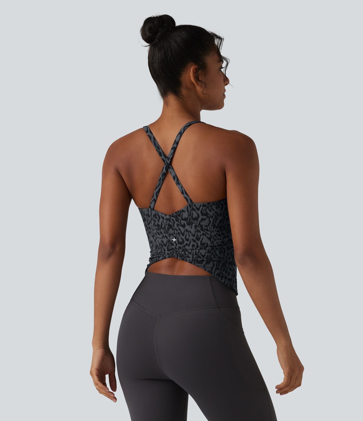 Halara UltraSculpt™ Débardeur de yoga imprimé léopard col rond échancré soutien-gorge intégré ourlet croisé