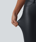 Legging 7/8 casual taille haute extensible en simili cuir avec poches