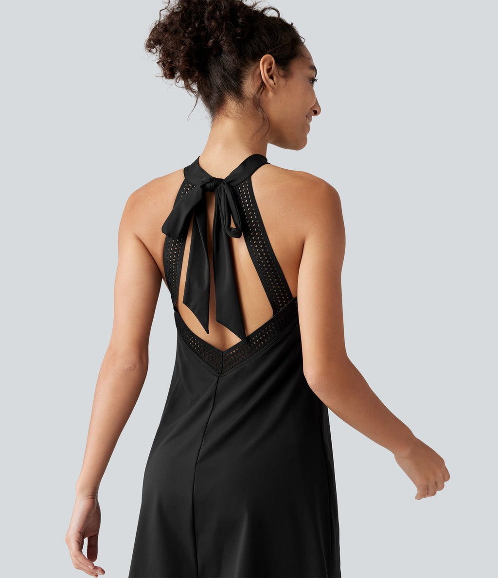 Robe-short mini SoftlyZero™ Airy effet frais InstantCool pour le yoga longueur allongée avec dos noué, coussinets amovibles, poche et protection solaire UPF50+