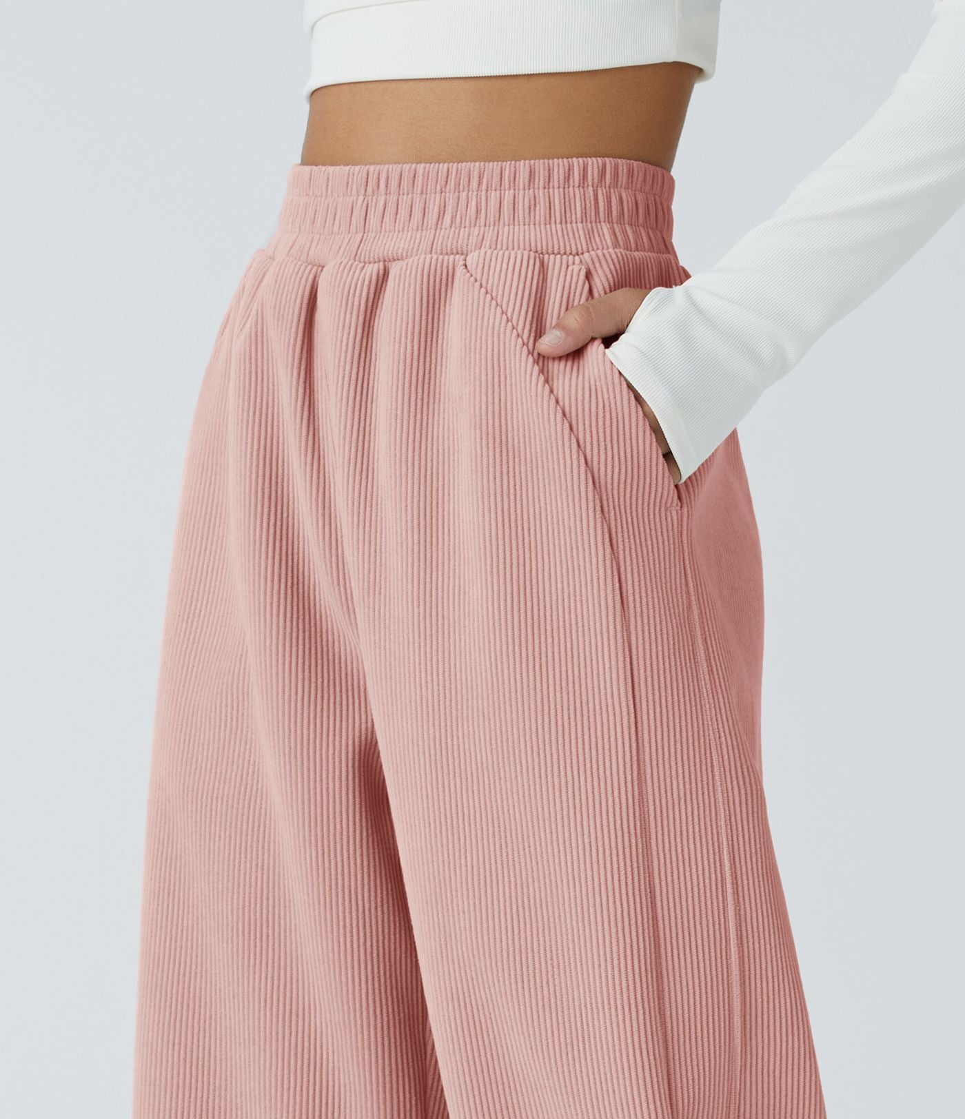 Pantalon velours côtelé de jogging décontracté à taille haute avec poches latérales