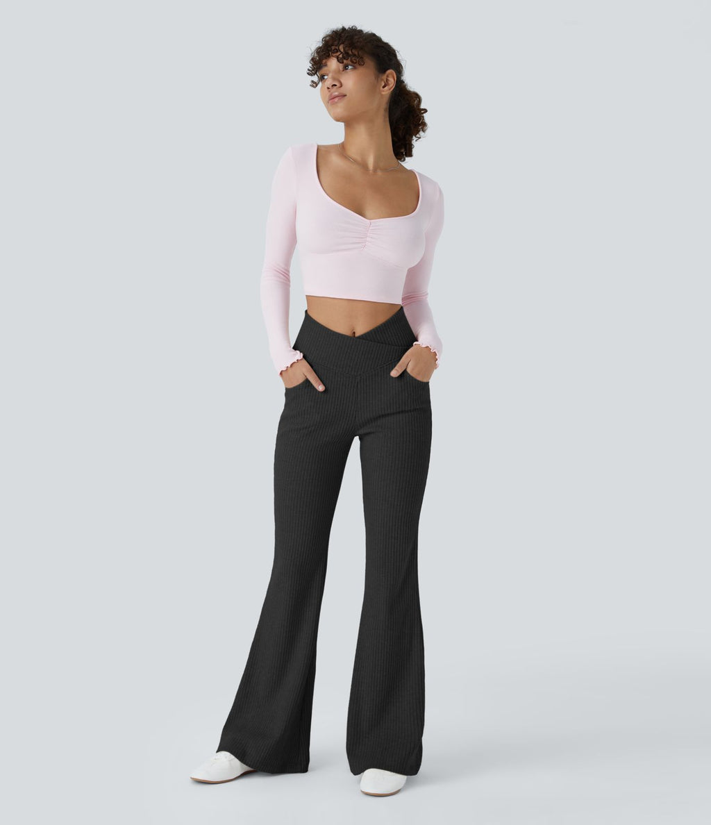 Pantalon Taille Haute Casual Évasés en Tricot Côtelé avec Poches Latérales et Croisé