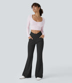 Pantalon Taille Haute Casual Évasés en Tricot Côtelé avec Poches Latérales et Croisé