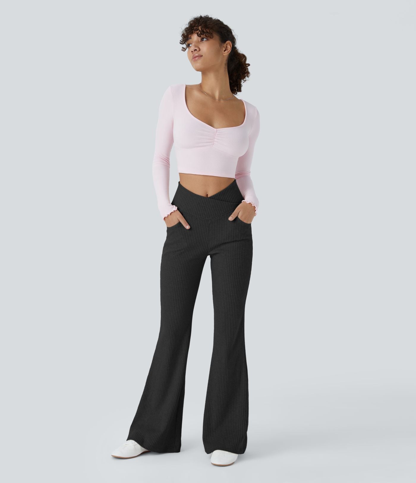 Pantalon Taille Haute Casual Évasés en Tricot Côtelé avec Poches Latérales et Croisé