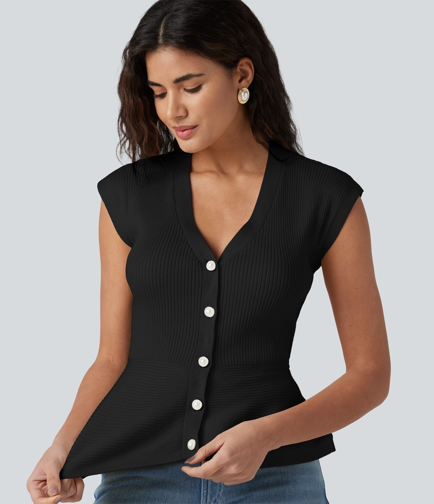 Cardigan péplum col V sans manches