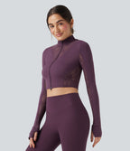 Veste de yoga SoftlyZero™ dentelle contrastante double zip à trous pouces - UPF50+